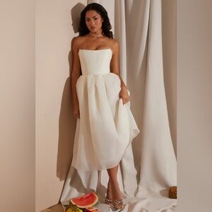 Oh Polly Strapless Ivory Midi Dress